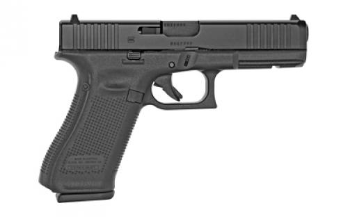 Glock 17 Gen5, Striker Fired, Full Size, 9MM, 4.49" Marksman Barrel, Polymer Frame, Matte Finish, Fixed Sights, 10Rd, 3 Magazines, Ambidextrous Slide Stop Lever, Flared Mag Well, nDLC Finished Slide and Barrel, No Finger Grooves, Front Serrations PA175S201