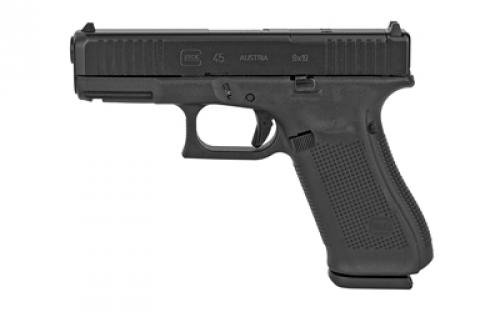 Glock 45 MOS, Striker Fired, Semi-automatic, Polymer Frame Pistol, Compact, 9MM, 4.02 Barrel, Glock Marksman Barrel, nDLC Finish, Black, No Finger Grooves, Fixed Sights, Modular Optic System, 10 Rounds, 3 Magazines, Front Serrations, Ambidextrous Slide Stop Lever, Flared Mag Well PA455S201MOS