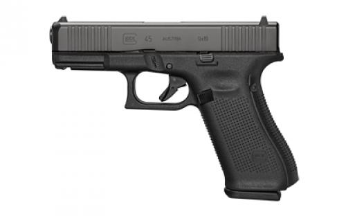 Glock 45, Striker Fired, Semi-automatic, Polymer Frame Pistol, Compact, 9MM, 4.02 Barrel, Glock Marksman Barrel, nDLC Finish, Black, No Finger Grooves, Fixed Sights, 10 Rounds, 3 Magazines, Front Serrations, Ambidextrous Slide Stop Lever, Flared Mag Well PA455S201