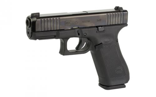 Glock Glock 45, Striker Fired, Compact Size, 9MM, 4.02" Marksman Barrel, Polymer Frame, Matte Finish, Ameriglo Ultimate Carry Night Sights (Green Tritium Front Sight with Lumigreen Outline, Black Serrated U-notch Rear), 3 Magazines, Front Serrations, Ambidextrous Slide Stop Lever, Flared Mag Well, nDLC Finished Slide and Barrel, No Finger Grooves PA455S301UC