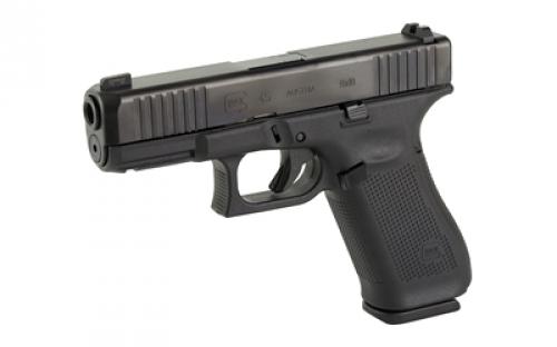 Glock 45 Gen 5, Striker Fired, Compact Size, 9MM, 4.02" Marksman Barrel, Polymer Frame, Matte Finish, Ameriglo Ultimate Carry Night Sights (Green Tritium Front Sight with Lumigreen Outline, Black Serrated U-notch Rear), 17 Rd, 3 Magazines, Front Serrations, Ambidextrous Slide Stop Lever, Flared Mag Well, nDLC Finished Slide and Barrel, No Finger Grooves PA455S303UC