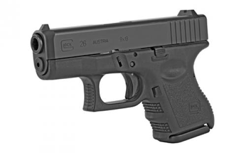 Glock 26 Gen3, Striker Fired, Semi-automatic, Polymer Frame Pistol, Sub-Compact, 9MM, 3.43" Barrel, Matte Finish, Black, Fixed Sights, 10 Rounds, 2 Magazines PI2650201