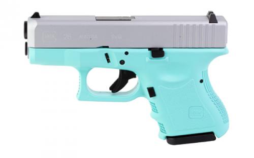 Glock 26, Semi-automatic, Striker Fired, Sub-Compact, 9MM, 3.43 Barrel, Cerakote Finish, Robins Egg Blue Frame and Silver Slide, 10 Rounds, 2 Magazines PI2650204-REBCS