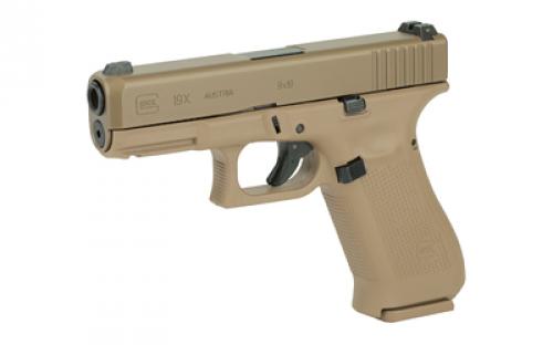 Glock 19X, Rebuilt, Striker Fired, Semi-automatic, Polymer Frame Pistol, Full Size, 9MM, 4.02" Marksman Barrel, Glock Night Sights, Coyote, Ambidextrous Slide Stop Lever, No Finger Grooves, May or May Not Come With Night Sights, 17 Rounds, 2 Magazines PR19501X