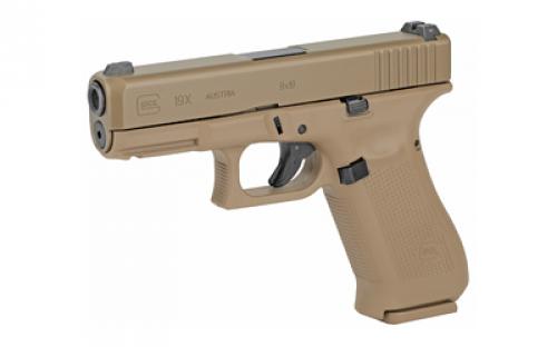 Glock 19X, Striker Fired, Semi-automatic, Polymer Frame Pistol, Compact, 9MM, 4.02" Barrel, Glock Marksman Barrel, nPVD Finish, Coyote, No Finger Grooves, Glock Night Sights, 10 Rounds, 3 Magazines, Ambidextrous Slide Stop Lever, Lanyard Loop, Coyote Color Pistol Case PX1950701