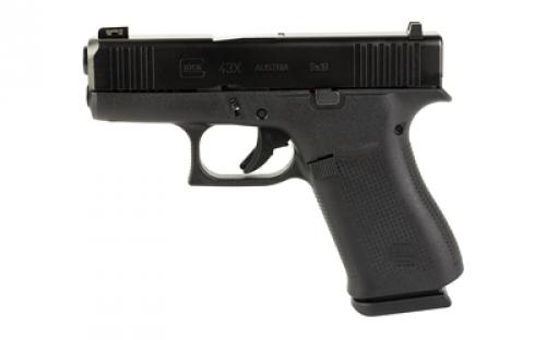 Glock 43X, Striker Fired, Compact Size, 9MM, 3.41 Marksman Barrel, Polymer Frame, Matte Finish, AmerigloUltimate Carry Night Sights (Green Tritium Front Sight with Lumigreen Outline, Black Serrated U-notch Rear), 2 Magazines, Front Serrations, Ambidextrous Slide Stop Lever, Flared Mag Well, nDLC Finished Slide and Barrel, No Finger Grooves PX4350301UC