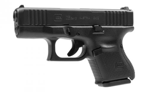 Glock 26 Gen5 M.O.S., Striker Fired, Semi-automatic, Polymer Frame Pistol, Sub-Compact, 9MM, 3.43 Barrel, Glock Marksman Barrel, nDLC Finish, Black, No Finger Grooves, Fixed Sights, 10 Rounds, 3 Magazines, Ambidextrous Slide Stop Lever, Front Serrations UA265S201MOS