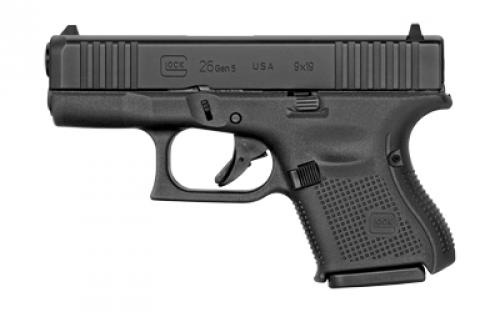 Glock 26 Gen5, Striker Fired, Semi-automatic, Polymer Frame Pistol, Sub-Compact, 9MM, 3.43 Barrel, Glock Marksman Barrel, nDLC Finish, Black, No Finger Grooves, Fixed Sights, 10 Rounds, 3 Magazines, Ambidextrous Slide Stop Lever, Front Serrations UA265S201