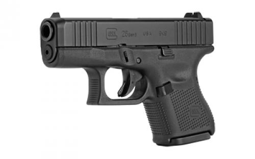 Glock 26 Gen5, Striker Fired, Semi-automatic, Polymer Frame Pistol, Sub-Compact, 9MM, 3.43" Barrel, Glock Marksman Barrel, nDLC Finish, Black, No Finger Grooves, Fixed Sights, 10 Rounds, 3 Magazines, Ambidextrous Slide Stop Lever, Front Serrations UA265S201