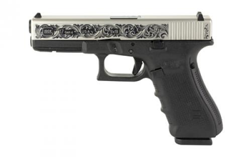 Glock 17, GEN 4, TALO Exclusive, Semi-automatic, Striker Fired, Full Size, 9MM, 4.49, Black, Interchangeable, 17 Rounds, 3 Mags, Fixed Sights, Polymer, Stainless PVD, Polished Armory Grade Cut Engraved Scrollwork 13209