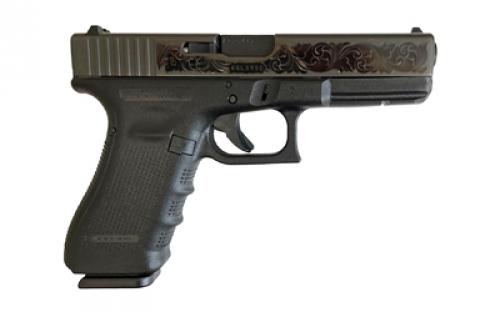 Glock 17, GEN 4, TALO Exclusive, Semi-automatic, Striker Fired, Full Size, 9MM, 4.49", Black, Interchangeable, 17 Rounds, 3 Mags, Fixed Sights, Polymer, Black DLC, Polished Armory Grade Cut Engraved Scrollwork 80577