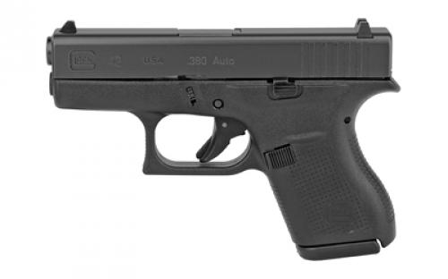 Glock 42, Striker Fired, Semi-automatic, Polymer Frame Pistol, Sub-Compact, 380 ACP, 3.25 Barrel, Matte Finish, Black, No Finger Grooves, Fixed Sights, 6 Rounds, 2 Magazines UI4250201