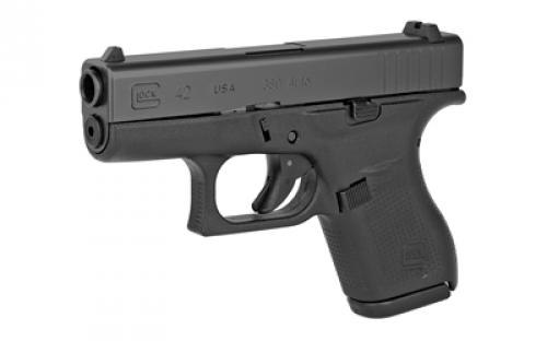 Glock 42, Striker Fired, Semi-automatic, Polymer Frame Pistol, Sub-Compact, 380 ACP, 3.25" Barrel, Matte Finish, Black, No Finger Grooves, Fixed Sights, 6 Rounds, 2 Magazines UI4250201