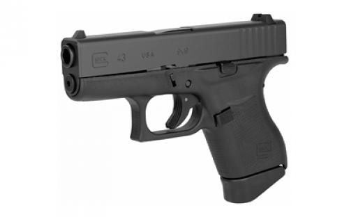 Glock 43, Striker Fired, Semi-automatic, Polymer Frame Pistol, Sub-Compact, 9MM, 3.41" Barrel, Matte Finish, Black, No Finger Grooves, Fixed Sights, 6 Rounds, 2 Magazines UI4350201