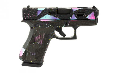 Glock 43X, 80's NITE, Semi-automatic, Striker Fired, Polymer Frame Pistol, Sub Compact, 9MM, 3.41" Marksman Barrel, Cerakote Finish, Black/Cyan/Purple, nDLC Finished Slide and Barrel, Ambidextrous Slide Stop Lever, Flared Mag Well, No Finger Grooves, Front Serrations, Optics Ready Slide, Laser Stippled Grip, Fixed Sights, 10 Rounds, 2 Magazines, Will Only Accept Shield RMSC, Sig R