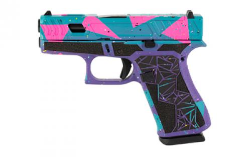 Glock 43X, 80's DAY, Semi-automatic, Striker Fired, Polymer Frame Pistol, Sub Compact, 9MM, 3.41 Marksman Barrel, Cerakote Finish, Purple/Cyan/Pink, nDLC Finished Slide and Barrel, Ambidextrous Slide Stop Lever, Flared Mag Well, No Finger Grooves, Front Serrations, Optics Ready Slide, Laser Stippled Grip, Fixed Sights, 10 Rounds, 2 Magazines, Will Only Accept Trijicon And Holosun