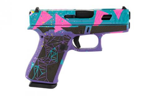 Glock 43X, 80's DAY, Semi-automatic, Striker Fired, Polymer Frame Pistol, Sub Compact, 9MM, 3.41" Marksman Barrel, Cerakote Finish, Purple/Cyan/Pink, nDLC Finished Slide and Barrel, Ambidextrous Slide Stop Lever, Flared Mag Well, No Finger Grooves, Front Serrations, Optics Ready Slide, Laser Stippled Grip, Fixed Sights, 10 Rounds, 2 Magazines, Will Only Accept Trijicon And Holosun