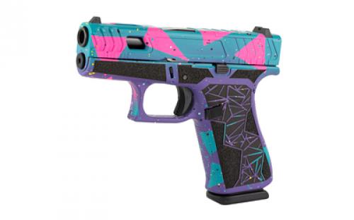 Glock 43X, 80's DAY, Semi-automatic, Striker Fired, Polymer Frame Pistol, Sub Compact, 9MM, 3.41" Marksman Barrel, Cerakote Finish, Purple/Cyan/Pink, nDLC Finished Slide and Barrel, Ambidextrous Slide Stop Lever, Flared Mag Well, No Finger Grooves, Front Serrations, Optics Ready Slide, Laser Stippled Grip, Fixed Sights, 10 Rounds, 2 Magazines, Will Only Accept Trijicon And Holosun