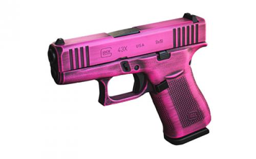 Glock 43X, Striker Fired, Semi-automatic, Polymer Frame Pistol, Sub-Compact, 9MM, 3.41" Barrel, Glock Marksman Barrel, Battle Worn Cerakote, Bubble Gum (Pink), Fixed Sights, 10 Rounds, 2 Magazines 300-099-0300-36