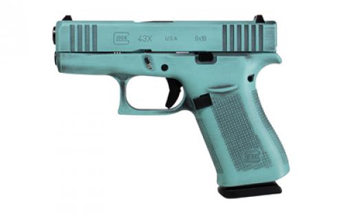 Glock 43X, Striker Fired, Semi-automatic, Polymer Frame Pistol, Sub-Compact, 9MM, 3.41 Barrel, Glock Marksman Barrel, Battle Worn Cerakote, Robins Egg Blue, Fixed Sights, 10 Rounds, 2 Magazines 300-105-0300-24