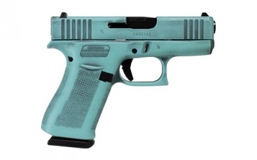 Glock 43X, Striker Fired, Semi-automatic, Polymer Frame Pistol, Sub-Compact, 9MM, 3.41" Barrel, Glock Marksman Barrel, Battle Worn Cerakote, Robins Egg Blue, Fixed Sights, 10 Rounds, 2 Magazines 300-105-0300-24