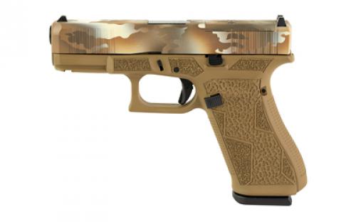 Glock 45 MOS, Striker Fired, Semi-automatic, Polymer Frame Pistol, Compact, 9MM, 4.02 Barrel, Glock Marksman Barrel, FDE Multicam Slide With FDE Frame, No Finger Grooves, Fixed Sights, Modular Optic System, 17 Rounds, 3 Magazines, Front Serrations, Ambidextrous Slide Stop Lever, Flared Mag Well, Laser Engraved Frame, Optic Cut, Will Only Accept Trijicon And Holosun RMR Footprint 