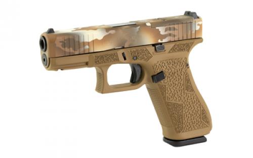 Glock 45 MOS, Striker Fired, Semi-automatic, Polymer Frame Pistol, Compact, 9MM, 4.02" Barrel, Glock Marksman Barrel, FDE Multicam Slide With FDE Frame, No Finger Grooves, Fixed Sights, Modular Optic System, 17 Rounds, 3 Magazines, Front Serrations, Ambidextrous Slide Stop Lever, Flared Mag Well, Laser Engraved Frame, Optic Cut, Will Only Accept Trijicon And Holosun RMR Footprint