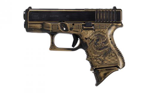 Glock 27C Gen3, Laser Engraved Dragon, Striker Fired, Semi-automatic, Polymer Frame Pistol, Sub-Compact, 40S&W, 3.46 Barrel, Distressed Black and Gold Cerakote, Fixed Sights, 1-10 Magazine (Pearce Grip+1), 1-9 Round Magazine, Right Hand, Ported Slide and Barrel UI2750201