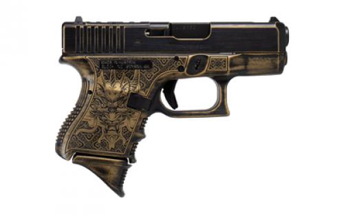 Glock 27C Gen3, Laser Engraved Dragon, Striker Fired, Semi-automatic, Polymer Frame Pistol, Sub-Compact, 40S&W, 3.46" Barrel, Distressed Black and Gold Cerakote, Fixed Sights, 1-10 Magazine (Pearce Grip+1), 1-9 Round Magazine, Right Hand, Ported Slide and Barrel UI2750201