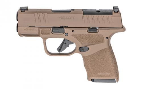 Springfield Hellcat, Striker Fired, Semi-automatic, Polymer Frame Pistol, Micro-Compact, 9MM, 3" Hammer Forged Barrel, Cerakote Finish, Desert FDE, Textured Grips, Tritium/Luminescent Front Sight, Tactical Rack U-Notch Rear Sight, Optics Ready, 2 Magazines, (1) 11-Round and (1) 13-Round HC9319FOSP