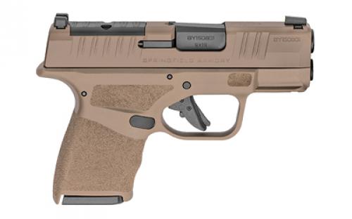 Springfield Hellcat, Striker Fired, Semi-automatic, Polymer Frame Pistol, Micro-Compact, 9MM, 3" Hammer Forged Barrel, Cerakote Finish, Desert FDE, Textured Grips, Tritium/Luminescent Front Sight, Tactical Rack U-Notch Rear Sight, Optics Ready, 2 Magazines, (1) 11-Round and (1) 13-Round HC9319FOSP