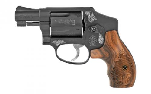 Smith & Wesson Model 442, Engraved, Double Action Only, Metal Frame Revolver, J-Frame, 38 Special +P, 1.875" Barrel, Aluminum, Blued Finish, Wood Grips, Fixed Sights, 5 Rounds 150785