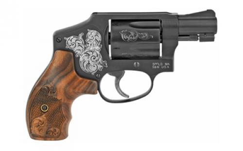 Smith & Wesson Model 442, Engraved, Double Action Only, Metal Frame Revolver, J-Frame, 38 Special +P, 1.875" Barrel, Aluminum, Blued Finish, Wood Grips, Fixed Sights, 5 Rounds 150785