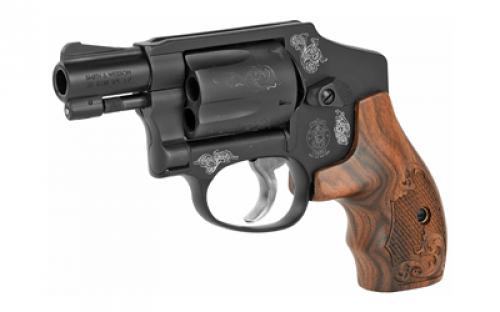 Smith & Wesson Model 442, Engraved, Double Action Only, Metal Frame Revolver, J-Frame, 38 Special +P, 1.875" Barrel, Aluminum, Blued Finish, Wood Grips, Fixed Sights, 5 Rounds 150785