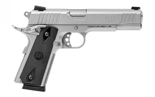 Taurus PT1911, Single Action Only, Metal Frame Pistol, Full Size, 45 ACP, 5" Barrel, Stainless Steel, Matte Finish, Silver, Rubber Grips, Novak Sights, Manual Thumb Safety, 8 Rounds, 2 Magazines 1-191109