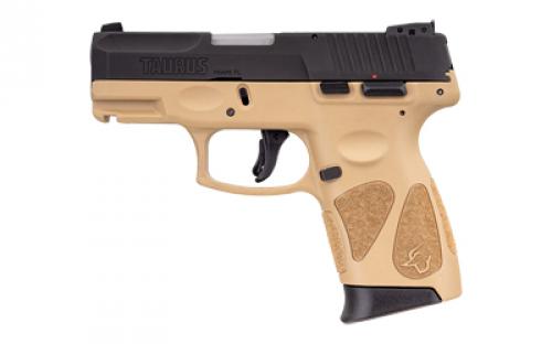 Taurus G2C, Striker Fired, Semi-automatic, Polymer Framed Pistol, Compact, 9MM, 3.26 Barrel, Tan Frame, Black Slide, Adjustable Sights, Manual Safety, 12 Rounds, 2 Magazines, BLEM (Damaged Packaging) 1-G2C931-12T