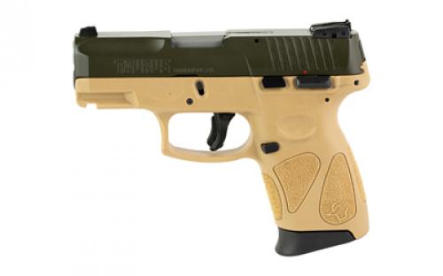 Taurus G2C, Striker Fire, Semi-automatic, Polymer Frame Pistol, Compact, 9MM, 3.2 Barrel, Matte Finish, Moss Green/Tan, Adjustable Sights, Manual Thumb Safety, 12 Rounds, 2 Magazines 1-G2C93B-12T