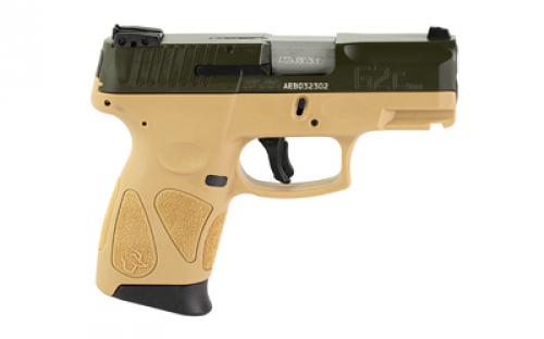 Taurus G2C, Striker Fire, Semi-automatic, Polymer Frame Pistol, Compact, 9MM, 3.2" Barrel, Matte Finish, Moss Green/Tan, Adjustable Sights, Manual Thumb Safety, 12 Rounds, 2 Magazines 1-G2C93B-12T