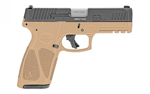 Taurus G3, Striker Fired, Semi-automatic, Polymer Frame Pistol, Full Size, 9MM, 4" Barrel, Matte Finish, Black Slide, Tan Frame, Fixed Steel Front Sight, Drift-Adjustable Steel Rear Sight w/ Serrated Ramp, Manual Thumb Safety, 15 Rounds, 2 Magazines 1-G3B941T-15