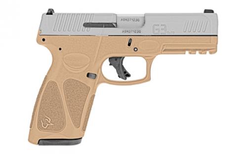 Taurus G3, Striker Fired, Semi-automatic, Polymer Frame Pistol, Full Size, 9MM, 4" Barrel, Matte Finish, Silver Slide, Tan Frame, Fixed Steel Front Sight, Drift-Adjustable Rear Sight w/Serrated Ramp, Manual Thumb Safety, 2 Magazines, (1) 15-Round and (1) 17-Round 1-G3B949T