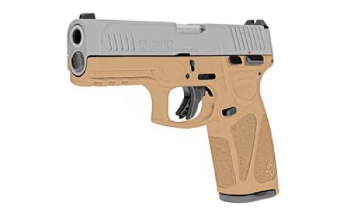 Taurus G3, Striker Fired, Semi-automatic, Polymer Frame Pistol, Full Size, 9MM, 4" Barrel, Matte Finish, Silver Slide, Tan Frame, Fixed Steel Front Sight, Drift-Adjustable Rear Sight w/Serrated Ramp, Manual Thumb Safety, 2 Magazines, (1) 15-Round and (1) 17-Round 1-G3B949T