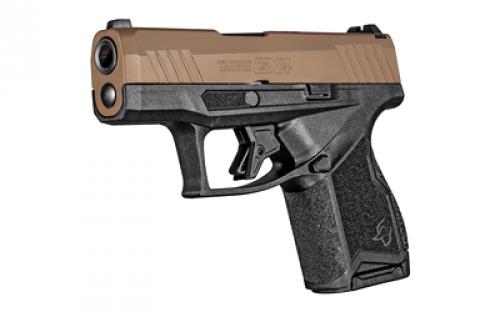 Taurus GX4, Striker Fired, Semi-automatic, Polymer Frame Pistol, Compact, 9MM, 3" Barrel with DLC Finish, Troy Coyote Cerakote Finish Slide, Fixed Steel Front Sight, Drift-Adjustable Steel Rear Sight w/ Serrated Ramp, Two Backstrap Options, 11 Rounds, 2 Magazines 1-GX4M93E