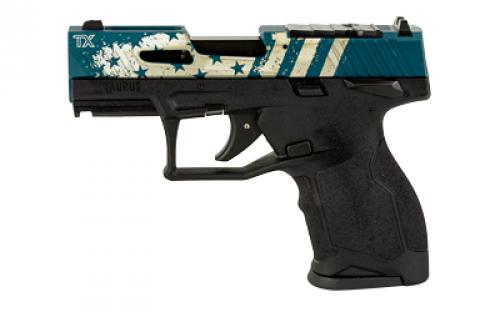 Taurus TX22 Compact, Striker Fired, Semi-automatic, Polymer Framed Pistol, 22 LR, 3.6 Threaded Barrel, Manual Safety, Black Frame, Blue Hard Anodized Slide with Laser Engraved Flag Design, Ramp Front/Adjustable Rear, 10 Rounds, 2 Magazines 1-TX2213Y-10US3