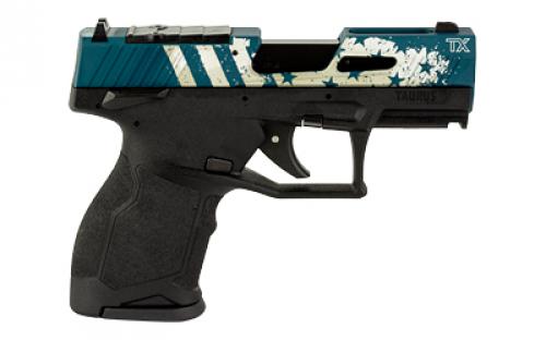 Taurus TX22 Compact, Striker Fired, Semi-automatic, Polymer Framed Pistol, 22 LR, 3.6" Threaded Barrel, Manual Safety, Black Frame, Blue Hard Anodized Slide with Laser Engraved Flag Design, Ramp Front/Adjustable Rear, 10 Rounds, 2 Magazines 1-TX2213Y-10US3