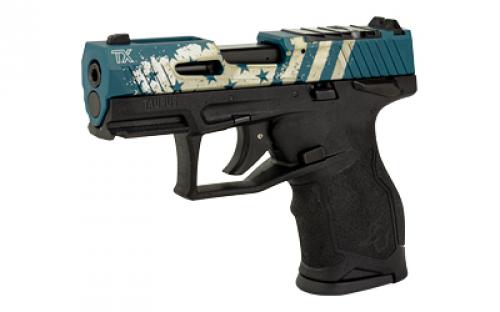 Taurus TX22 Compact, Striker Fired, Semi-automatic, Polymer Framed Pistol, 22 LR, 3.6" Threaded Barrel, Manual Safety, Black Frame, Blue Hard Anodized Slide with Laser Engraved Flag Design, Ramp Front/Adjustable Rear, 10 Rounds, 2 Magazines 1-TX2213Y-10US3