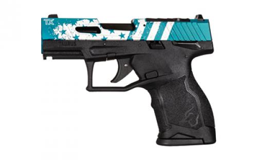 Taurus TX22 Compact, Striker Fired, Semi-automatic, Polymer Framed Pistol, 22 LR, 3.6 Threaded Barrel, Manual Safety, Black Frame, Blue Hard Anodized Slide with Laser Engraved Flag Design, Ramp Front/Adjustable Rear, 13 Rounds, 2 Magazines 1-TX2213Y-US3