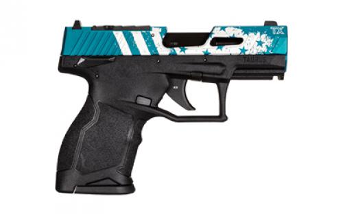 Taurus TX22 Compact, Striker Fired, Semi-automatic, Polymer Framed Pistol, 22 LR, 3.6" Threaded Barrel, Manual Safety, Black Frame, Blue Hard Anodized Slide with Laser Engraved Flag Design, Ramp Front/Adjustable Rear, 13 Rounds, 2 Magazines 1-TX2213Y-US3