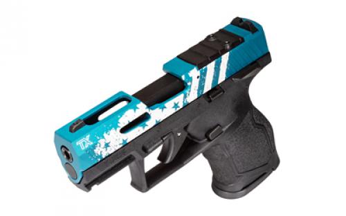 Taurus TX22 Compact, Striker Fired, Semi-automatic, Polymer Framed Pistol, 22 LR, 3.6" Threaded Barrel, Manual Safety, Black Frame, Blue Hard Anodized Slide with Laser Engraved Flag Design, Ramp Front/Adjustable Rear, 13 Rounds, 2 Magazines 1-TX2213Y-US3