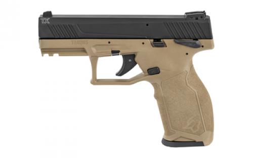 Taurus TX22, Striker Fired, Semi-automatic, Polymer Frame Pistol, Full Size, 22 LR, 4.1" Threaded Barrel, Matte Finish, Black Slide, FDE Frame, Adjustable Sights, Manual Thumb Safety, 16 Rounds, 2 Magazines 1-TX22141F