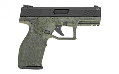 Taurus TX22, Striker Fired, Semi-automatic, Polymer Frame Pistol, Full Size, 22LR, 4.1" Threaded Barrel, Matte Finish, Black Slide, Green Splatter Frame, Adjustable Sights, Manual Thumb Safety, 16 Rounds, 2 Magazines 1-TX22141SP2